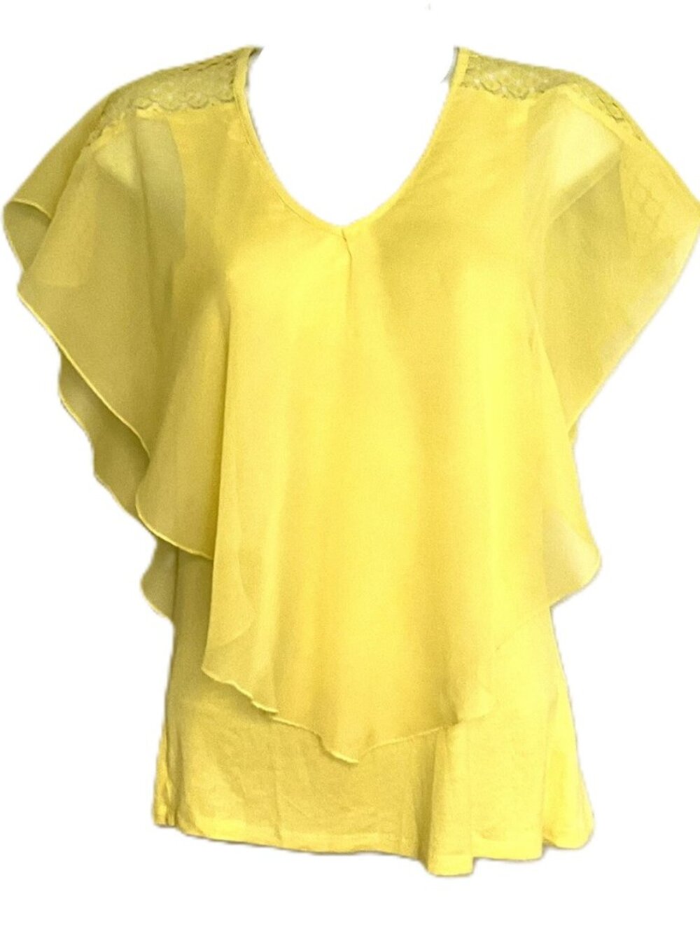 LOVE J Yellow Layered Chiffon Blouse Lace Shoulder Flutter Sleeve Top Size M